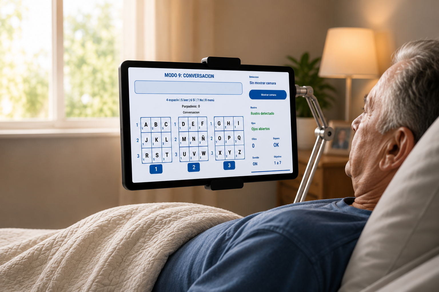 Paciente utilizando una tablet con el sistema de comunicación alternativa Bertha-Gama